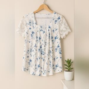 Floral Lace Sleeve Top - White and Blue
